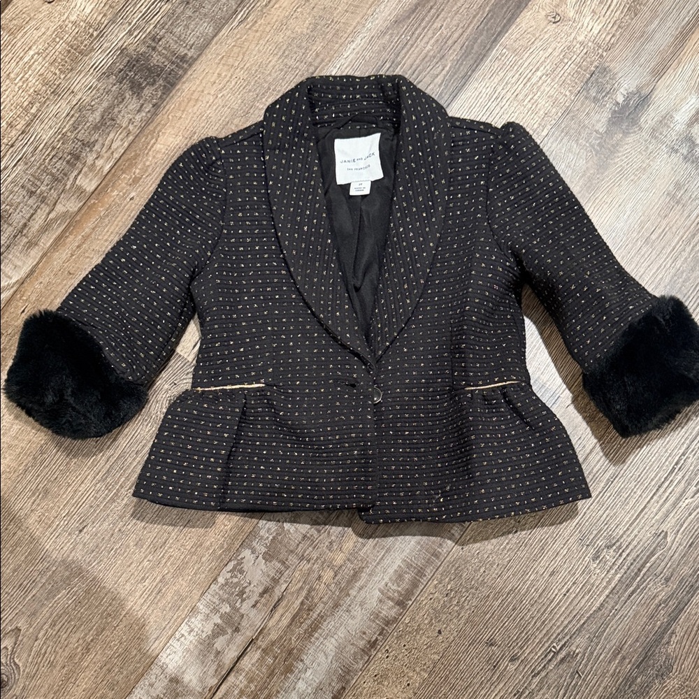Janie and Jack Black and Gold Blazer with Faux Fur Cuffs